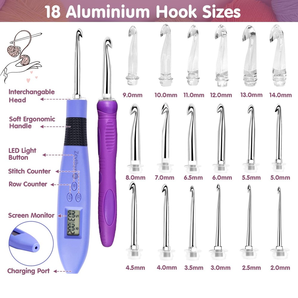 Crochet Hook with 18 Different Size, for Stitch & Row Counter, Light up Intercha