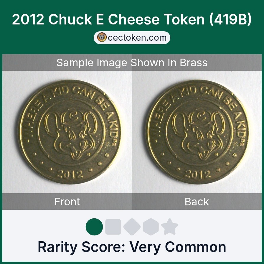 2012 Chuck E Cheese Token (419B) Brass 25mm Very Common