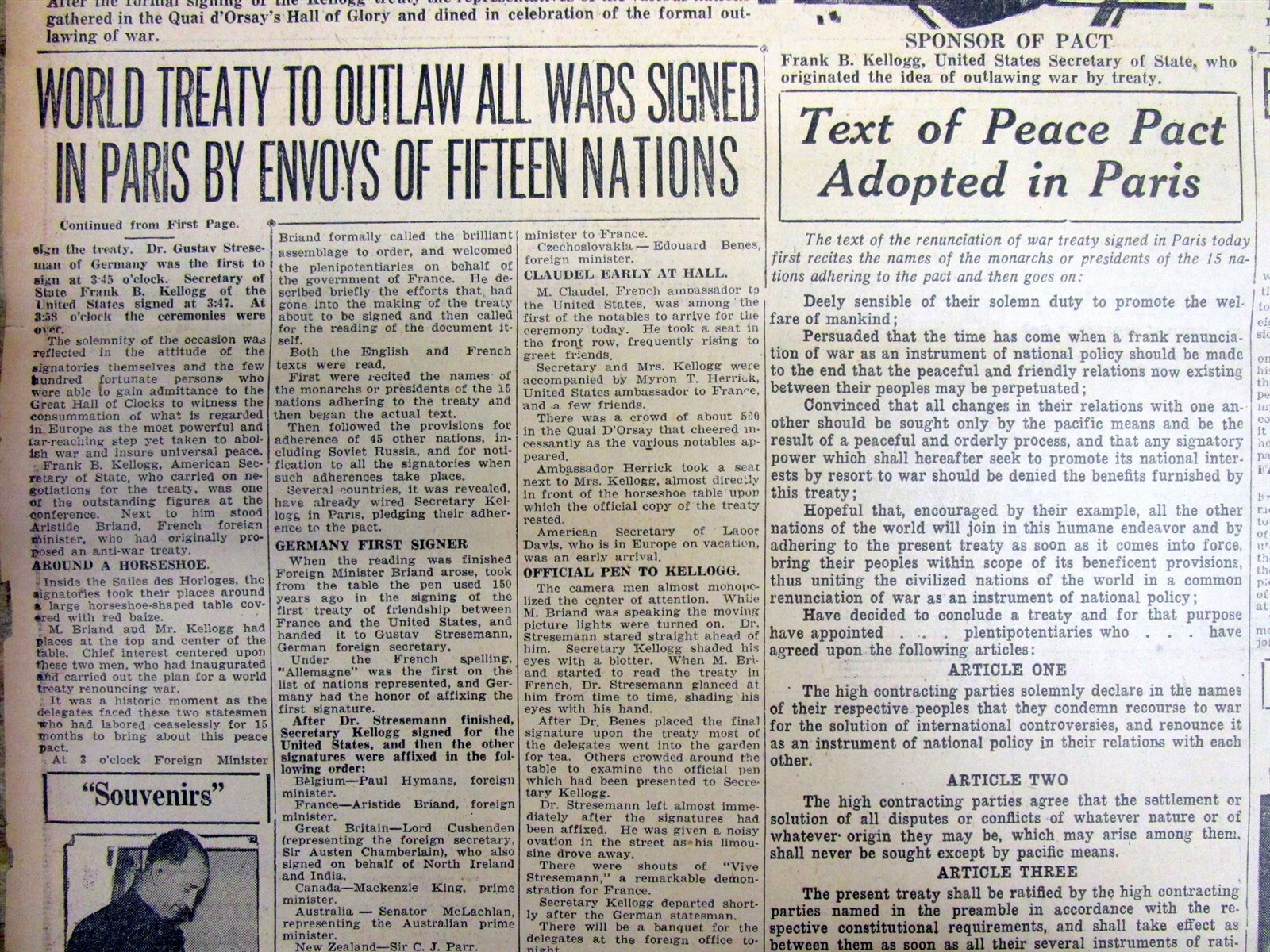 1928 newspaper WAR IS OUTLAWED BETWEEN NATIONS by THE KELLOGG-BRIAND PEACE PACT