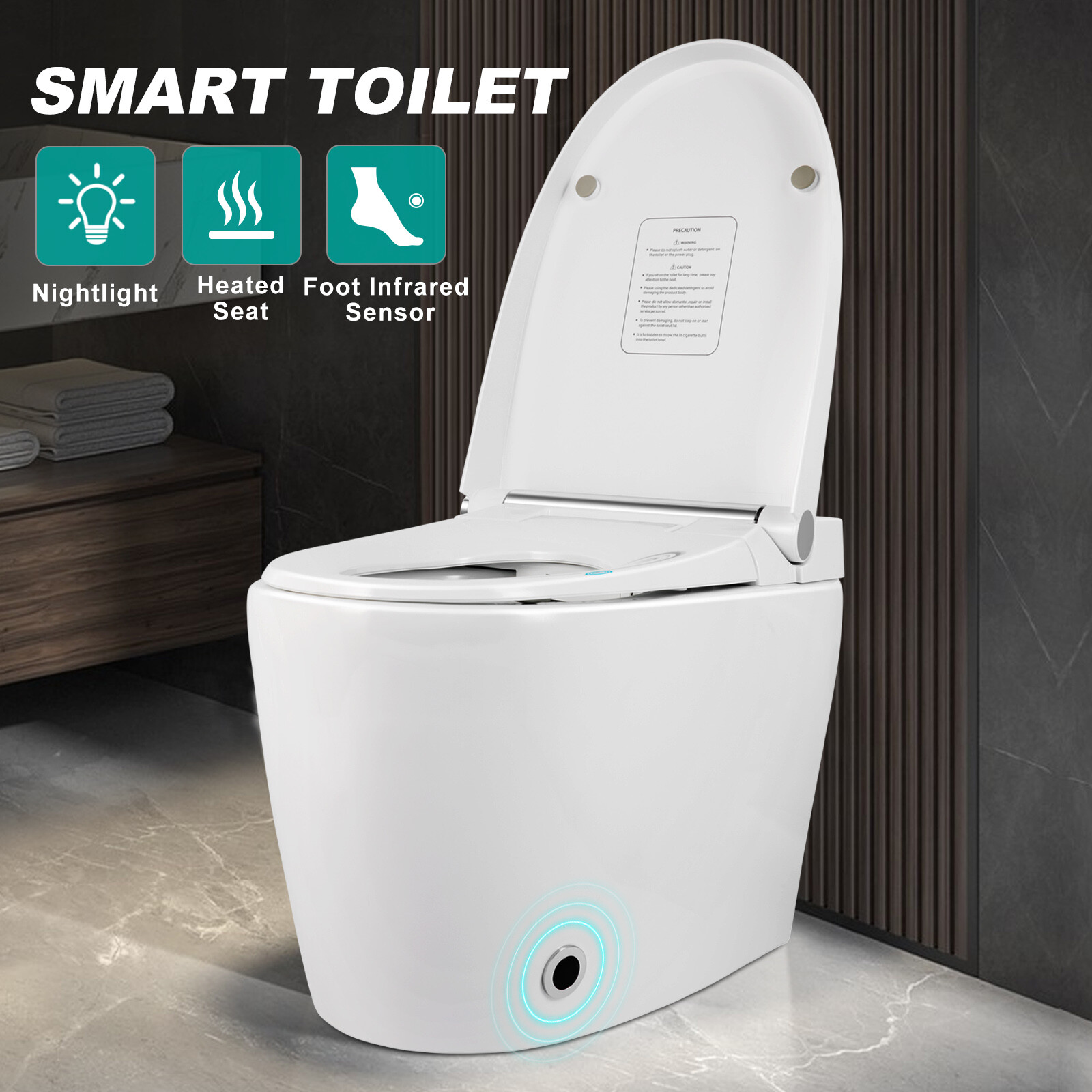 One Piece Electronic Smart Toilet Heat Auto Flush Foot Sensor Night Light