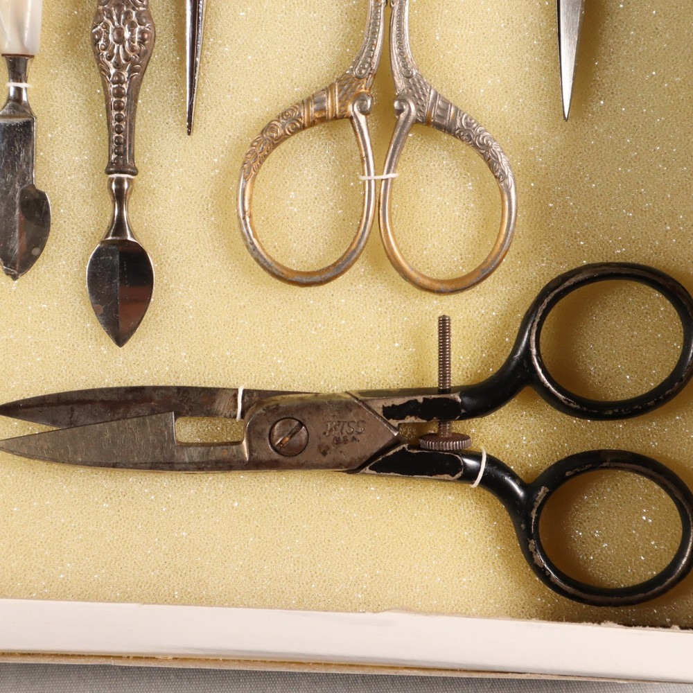 Antique Sewing Tools Scissors Quill Knives Thread Snips Display See Description