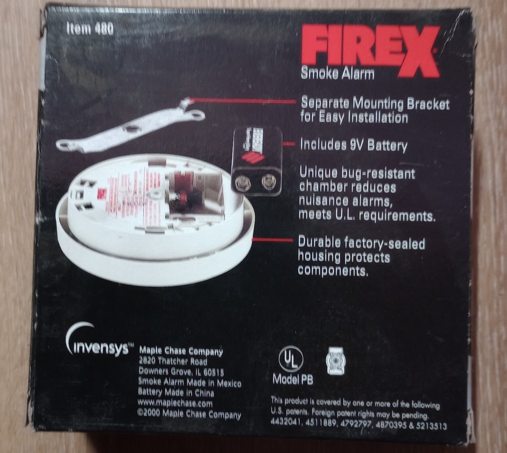 FIREX SMOKE ALARM MODEL PB 00480 9V BATTERY POWERED