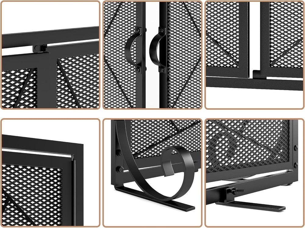 Fireplace Screen W/ Hinged Doors Cast Iron Border Sturdy Steel Frame Durable