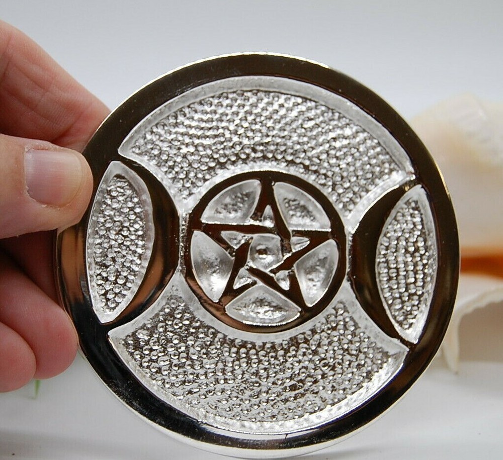Triple Moon Pentagram Altar Tile Silver Plated Over Solid Brass 3" Wicca. Witch