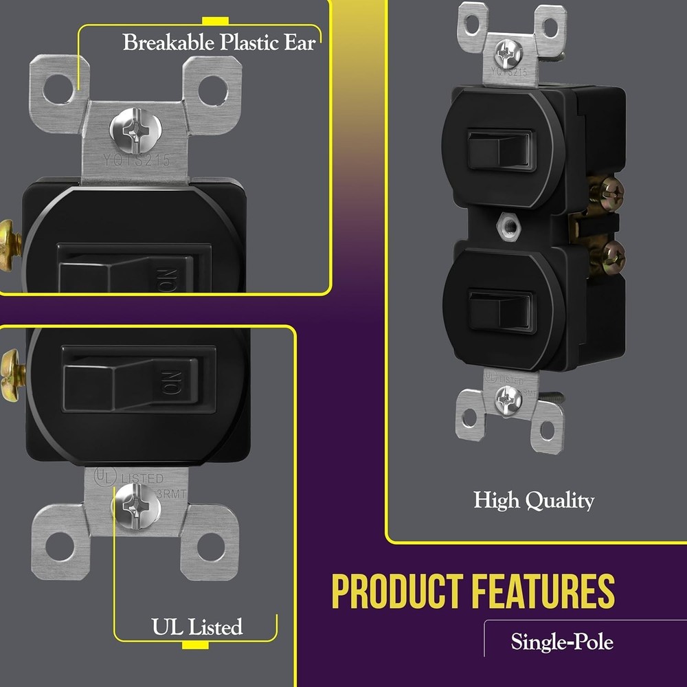 Duplex Double Toggle Light Switch, Single Pole, Side Wiring, Copper Wire Only,