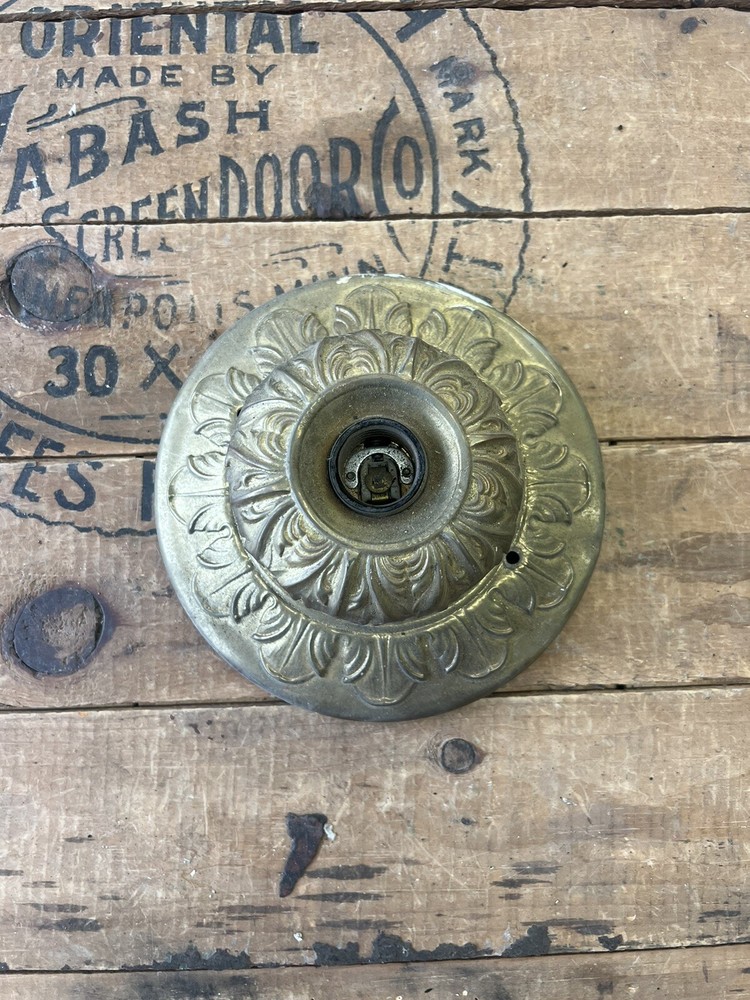 1920s Brass Flush Mounted Williamson? Ceiling Light Salvage Floral Pattern