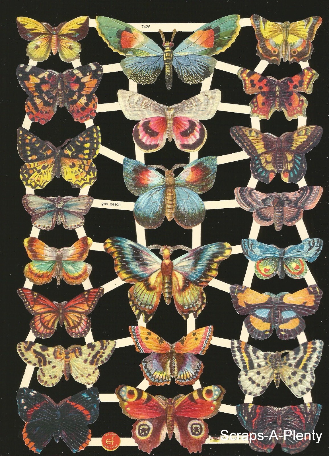 German Embossed Vintage Style Scrap Die Cut - Colorful Butterflies  EF7426