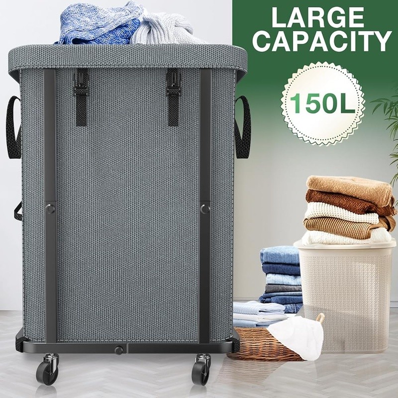 Sturdy Rolling Laundry Basket W/ Wheels Metal Frame Removable Bag Easy Mobility