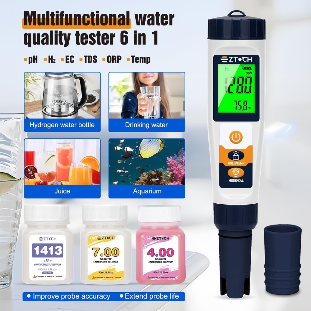 6 in 1 pH H2 Meter with EC Calibration Solution, Extra 1413μS/cm...