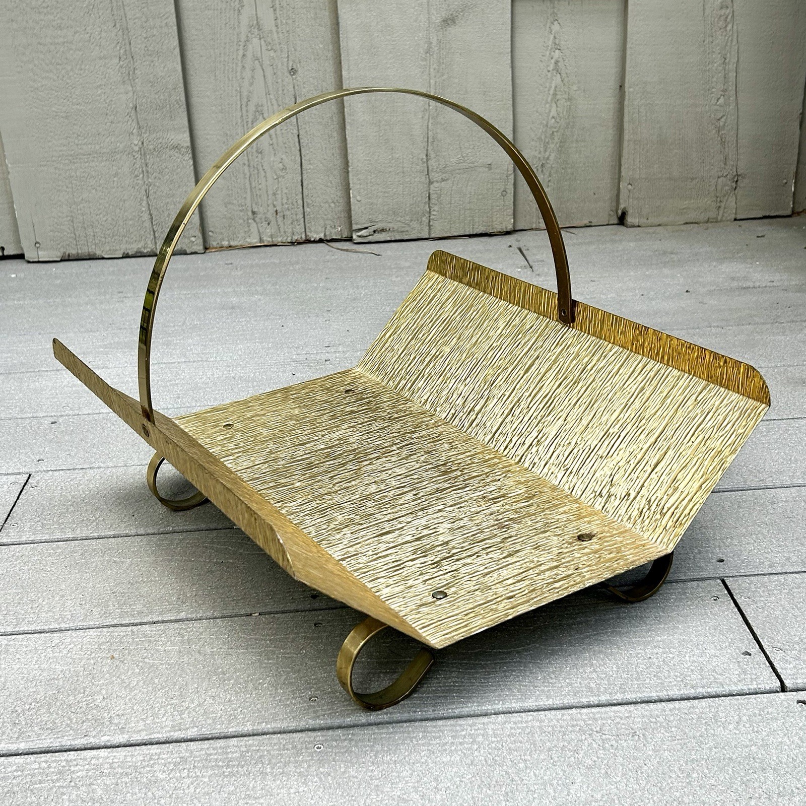 VTG Mid Century Brutalist  Metal Brass Log Holder Hearth Fireplace 18x15.5x7