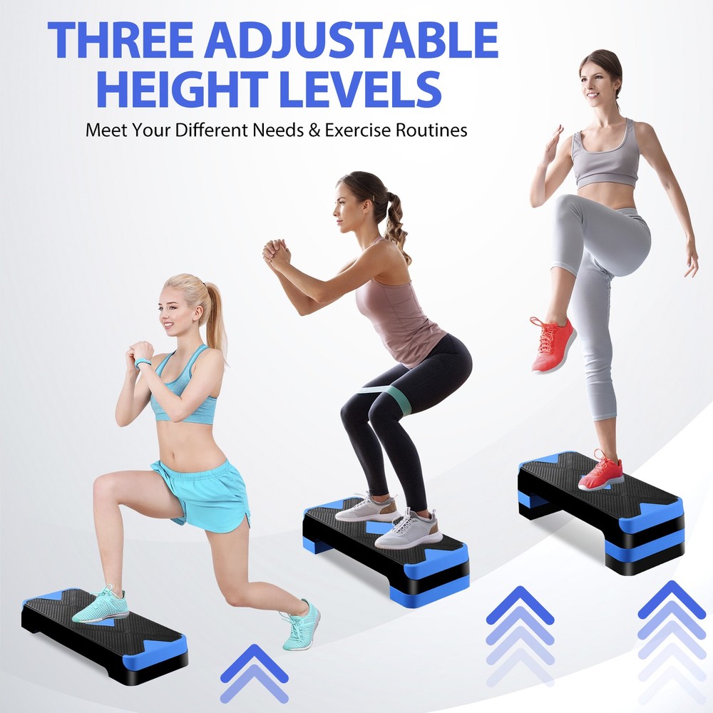 Aerobic Step Platform Exercise Step Adjustable Height 4"-6''-8' w/4 Risers Blue