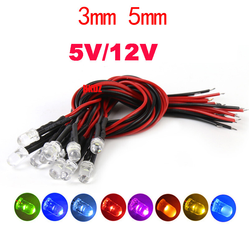 DC 5V~12V 3mm/5mm LED Bulb Pre wired Light Emitting Diodes Small 20cm Wire 0.1W