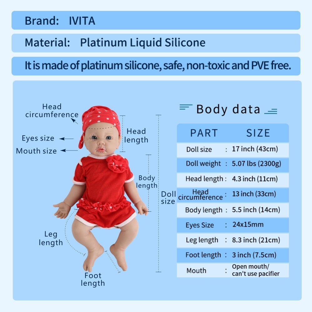 IVITA 17" Soft Silicone Reborn Baby Boy and Girl Newborn Squishy Silicone Doll