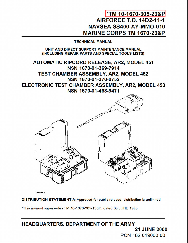 240 Page TM-10-1670-305-23&P AUTOMATIC RIPCORD RELEASE AR2 MODEL 452 on Data CD