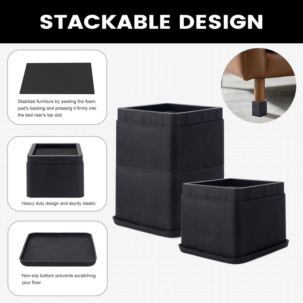 Heavy Duty Adjustable Bed Risers 3 or 6 Inch - Elevate & Store with Confidence
