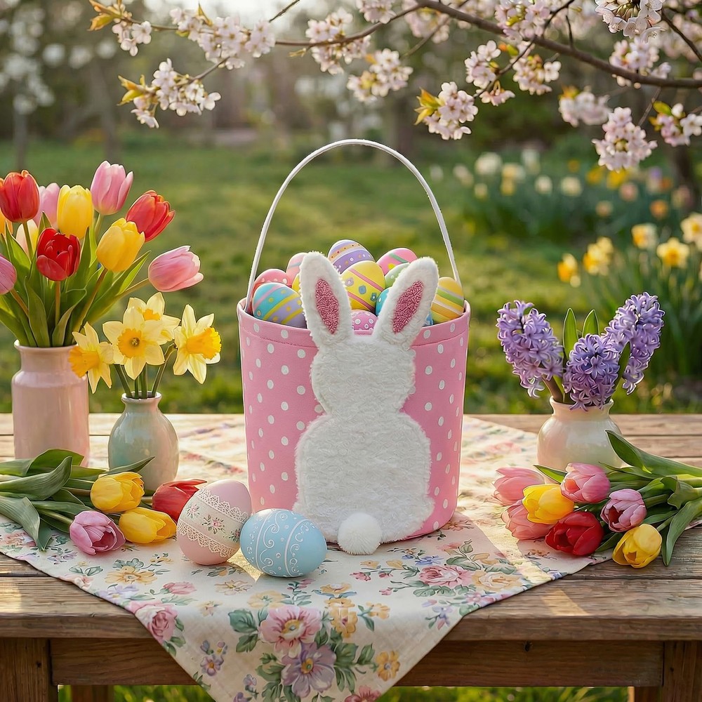 E-FirstFeeling Easter Bunny Basket, Egg Hunt Basket with Plush Bunny Design, ...