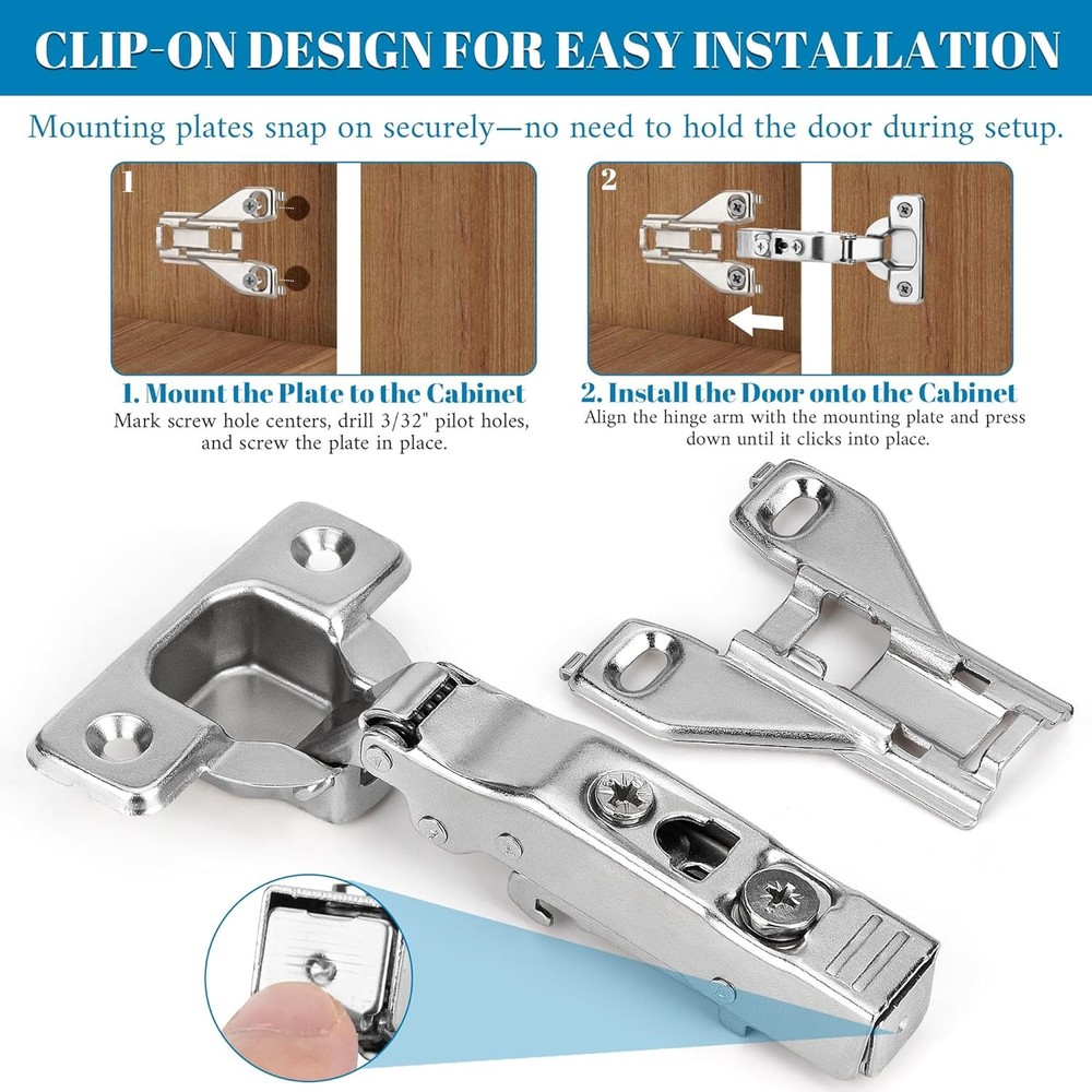 Overlay Buffer-Closing Cabinet Hinge—Adjustable Clip-On Concealed Cabinet Hinge