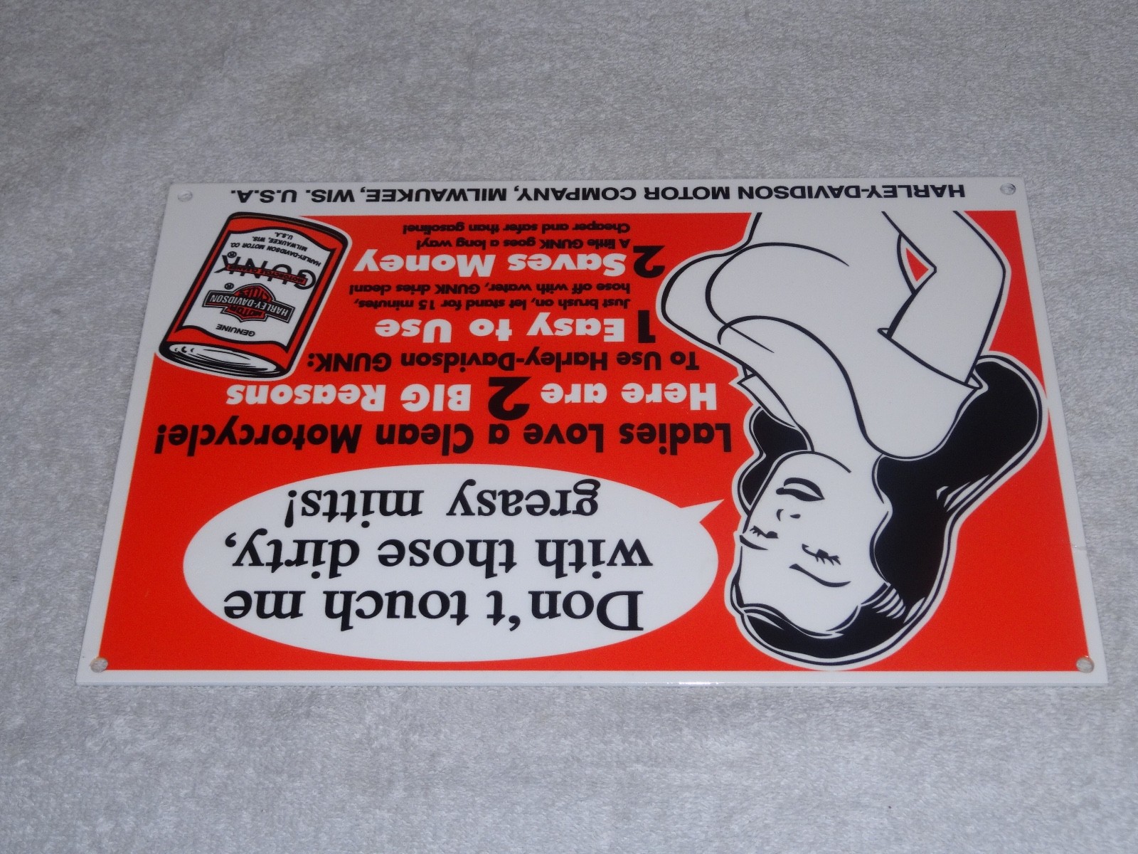 VINTAGE HARLEY DAVIDSON MOTORCYCLE GUNK WOMAN 12" MOTOR CYCLE GASOLINE OIL SIGN!
