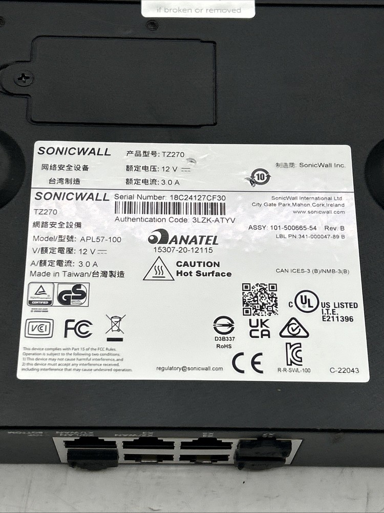 SonicWALL TZ270 Firewall APL57-100 Firewall Network Security please read