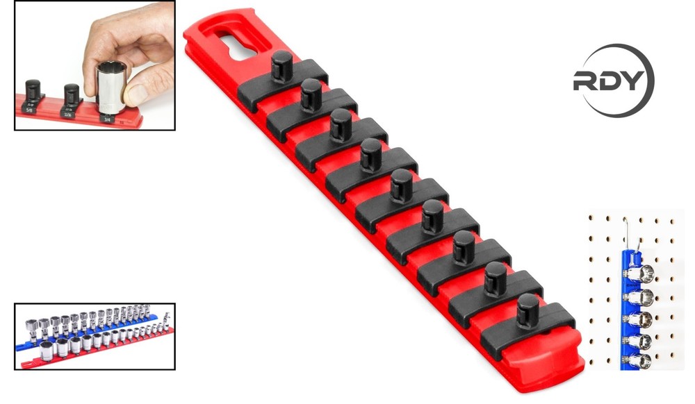 Compact 8-Inch Red Socket Organizer with Twist Lock Clips for Efficient Storage