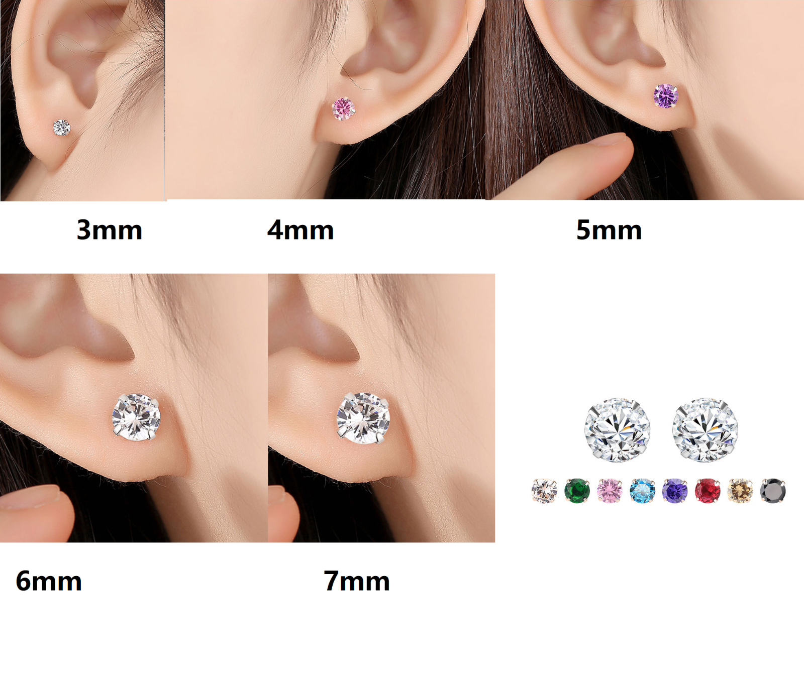 GENUINE SOLID 925 STERLING SILVER CUBIC ZIRCONIA STUD EARRINGS 2-8mm WOMEN PE24