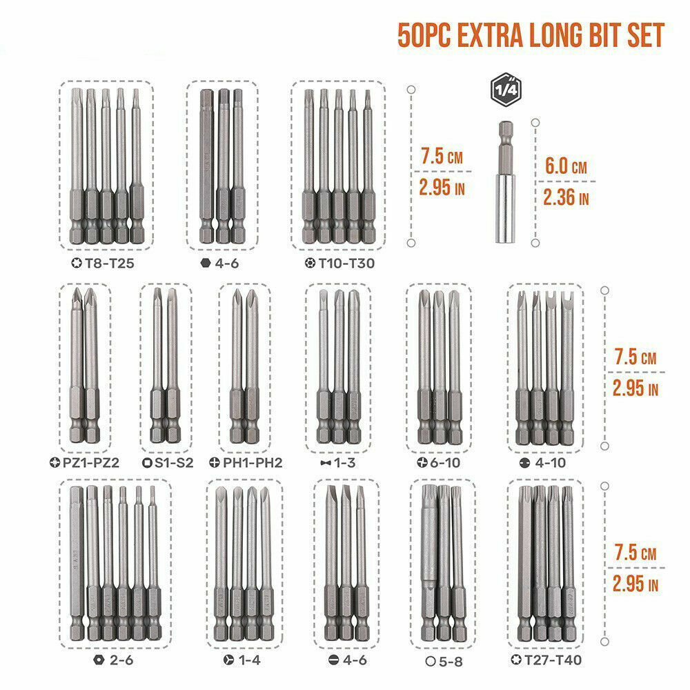 50Pcs Extra Long Security Bits Hex Torx Star Spline Flat Screwdriver Bit Box Set