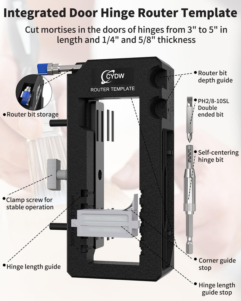 Door Hinge Router Template Black Hinge Mortiser Kit for 3 to 5 Hinges