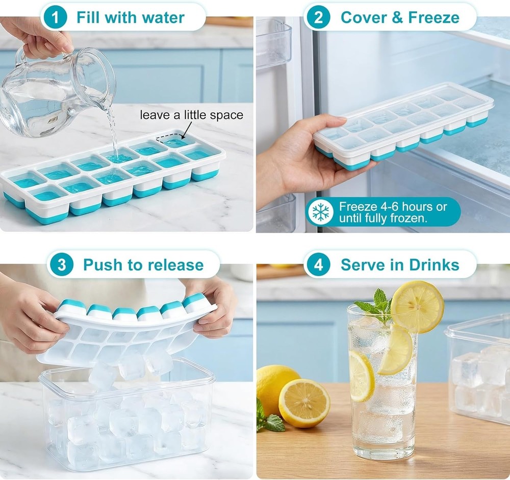 NFK Ice Cube Tray with Lid & Bin - 4 Pack Stackable Silicone Trays for Freezer w