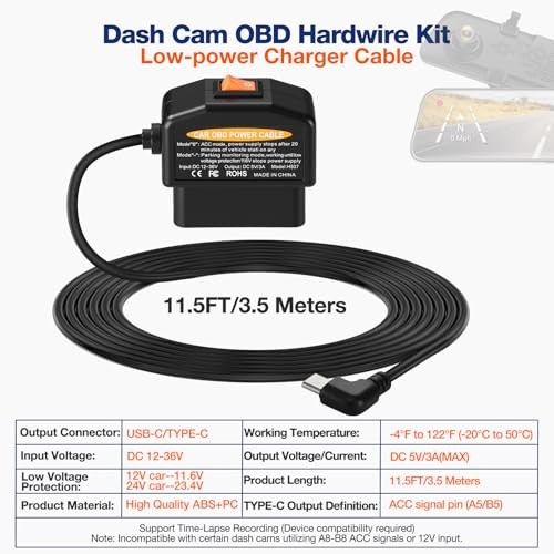 OBD Power Cable for Dash Camera,OBD2 to USB C Adapter Hardwire Kit with Low