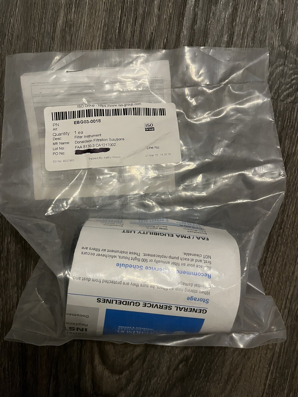 Donaldson Filtration Solutions EBG03-0018, Instrument Air Filter 8130 Cert Incl