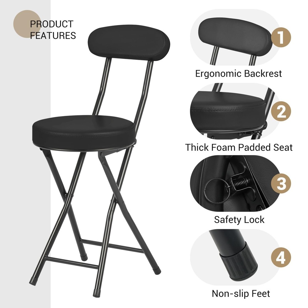 Cushioned Padded Folding Stools, Folding Bar Stool with Backrest, 220lb Capac...