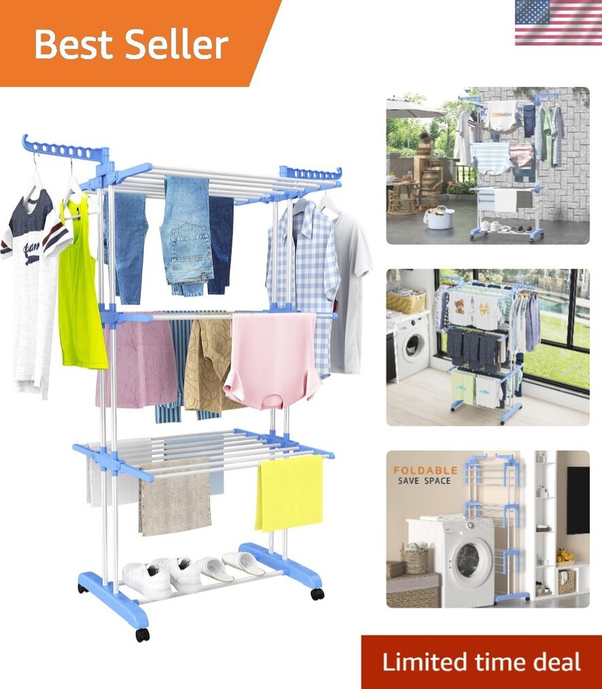 Elegant 4-Tier Foldable Clothes Drying Rack - Movable and Durable Design