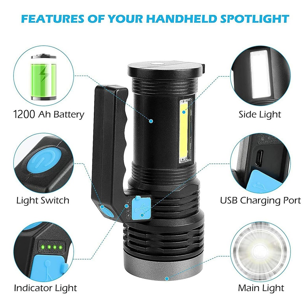 Handheld Flashlight LED Searchlight Rechargeable Torch w/USB Cable High Powered