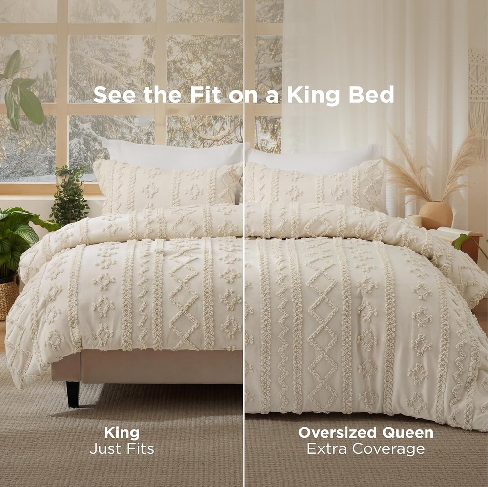 Tufted Boho Comforter Set King Size Beige Boho Bed Set GentleSoft™ 3 Pieces