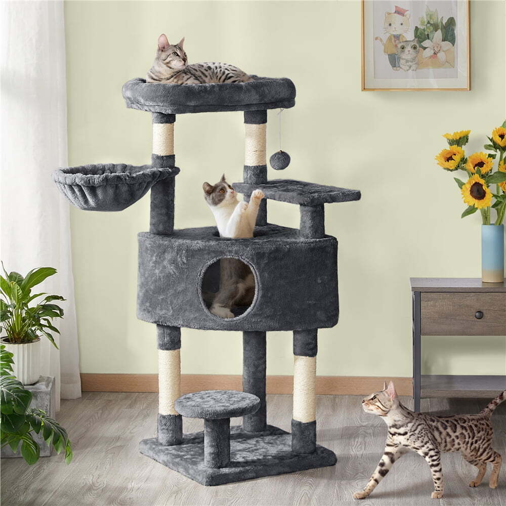Multilevel Cat Tree Basket Condo Scratching Posts, Dark Gray