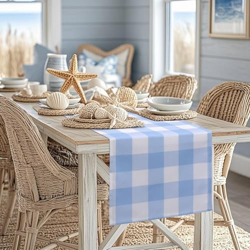 Gingham Table Runner Light Buffalo Plaid Check Table Cloth 72 Blue and White
