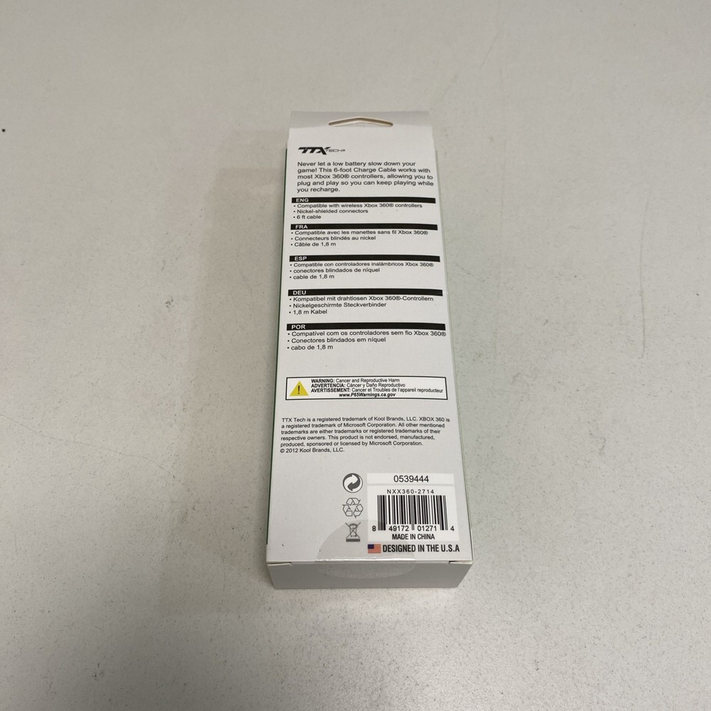 TTX Tech Xbox 360 Controller Black Charge Cable 6ft