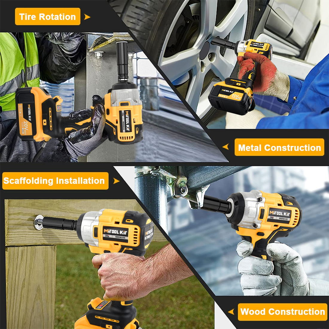 HIGH TORQUE 1/2" IMPACT WRENCH BRUSHLESS CORDLESS BATTERY IMPACT GUN KIT -Yellow
