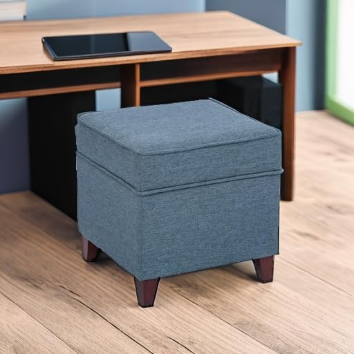 Blue storage bench with hinged lid and solid wood legs, linen-covered footstool