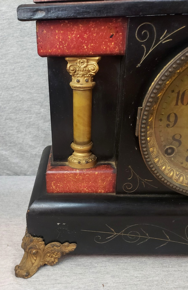 Antique Seth Thomas Red & Black Two Column Adamantine Mantel Clock & Pendulum PR