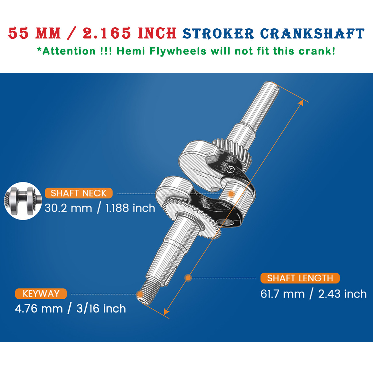 55mm Stroker Crankshaft For 6625 Flywheel 3.308 Connecting Rod 212cc Non Hemi