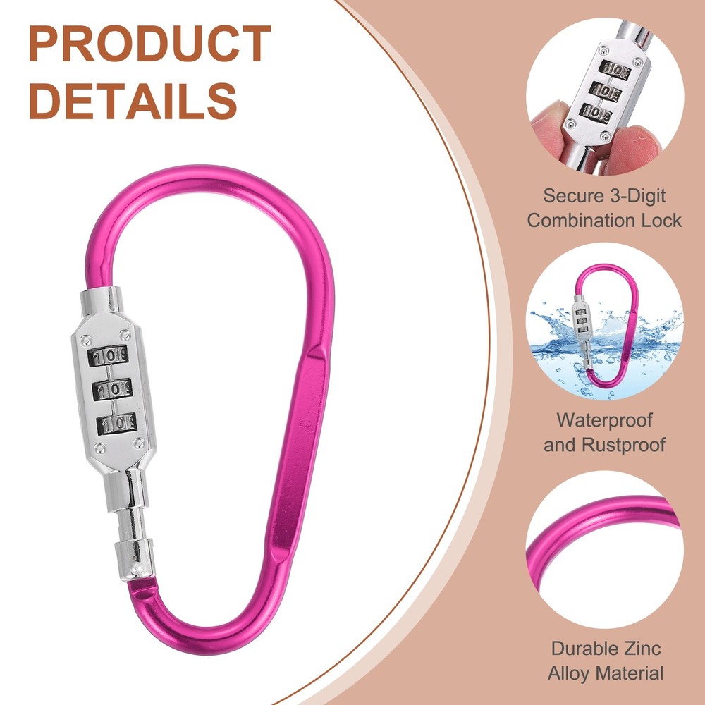2 Pcs 4.8" x 2.4" D-Shaped 3-Digit Code Combination Lock D-Ring Clip, Pink