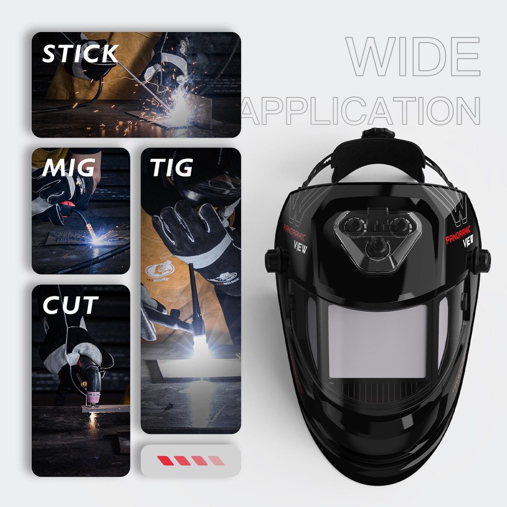 Panoramic View Auto Darkening Welding Helmet, LED Lighting & Type-C Charging