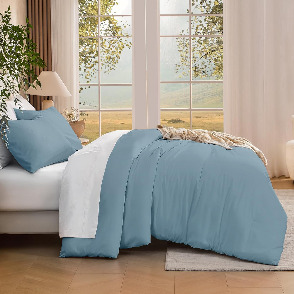 Queen Size Comforter Set Grayish Blue, Solid Bed Comforter Set 3 Pieces, Soft Co