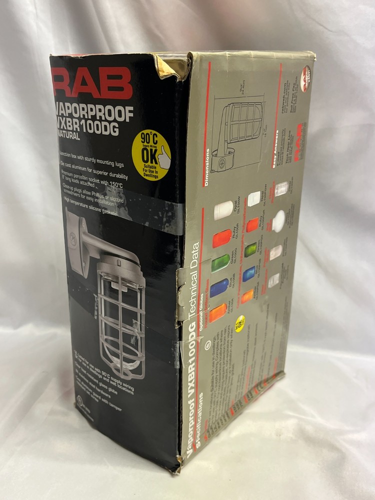 RAB Vaporproof Wall Bracket Light Fixture VXBR100DG Clear Globe New Open Box!