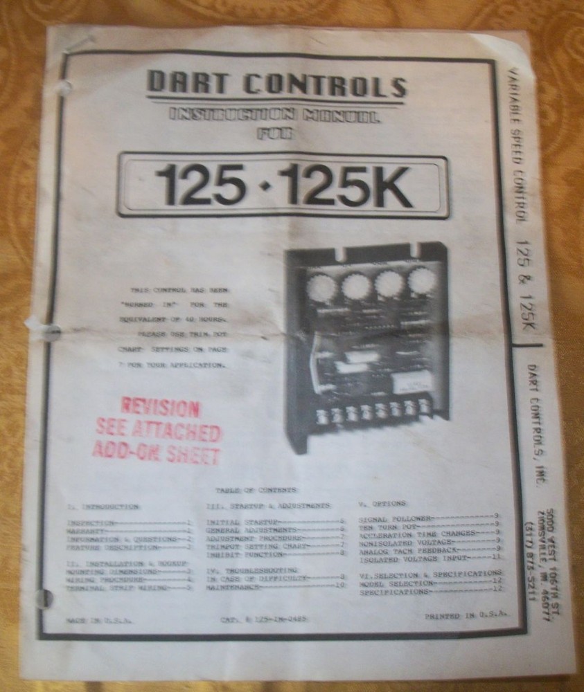 Dart Controls Instruction Manual for 125-125K Variable Speed Control