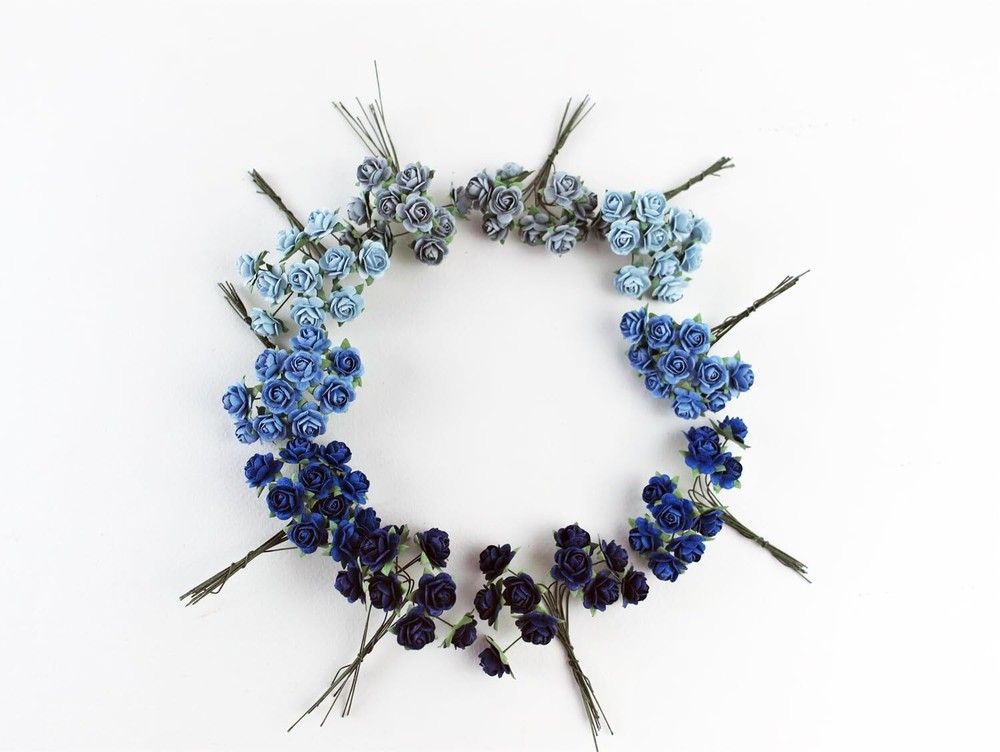100 pcs Tiny Artificial Roses Mixed Dark and Light Blue Shade Five Color Mulb...