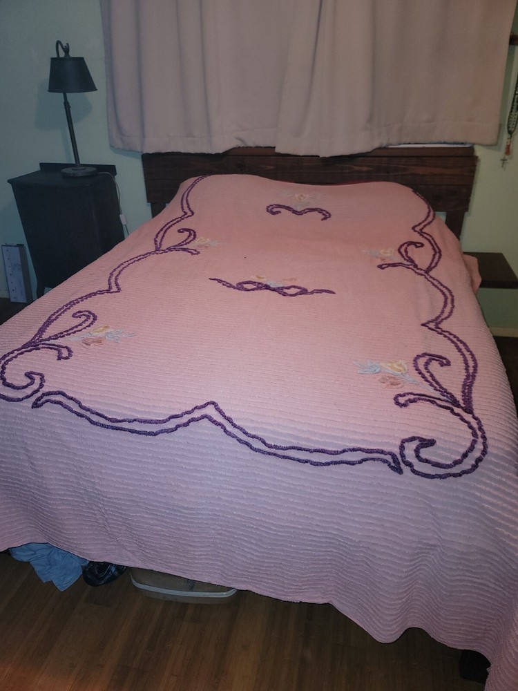 Vintage Pink Chenille Flower Bedspread