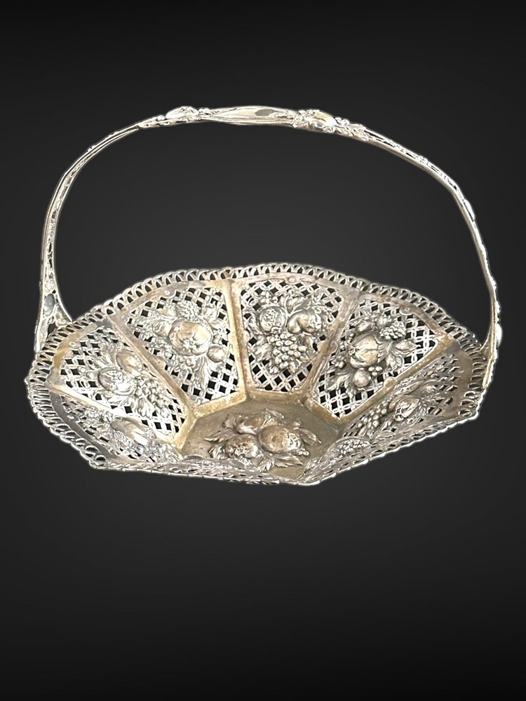 Antique German Solid 800 Silver Repousse Hallmarked Ornate Basket with Handle