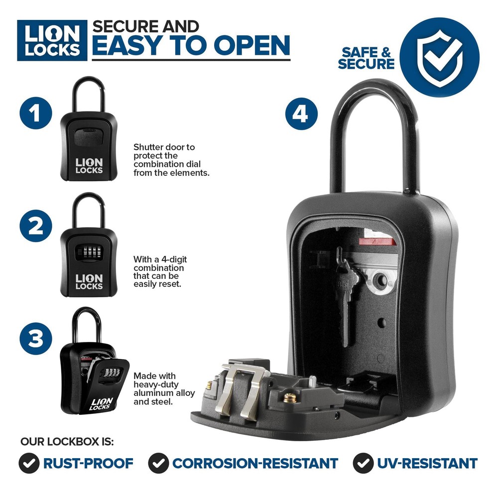 Lion Locks Lock Box for Keys, 6 Pack Black - Secure Key Safe Solution with Combi